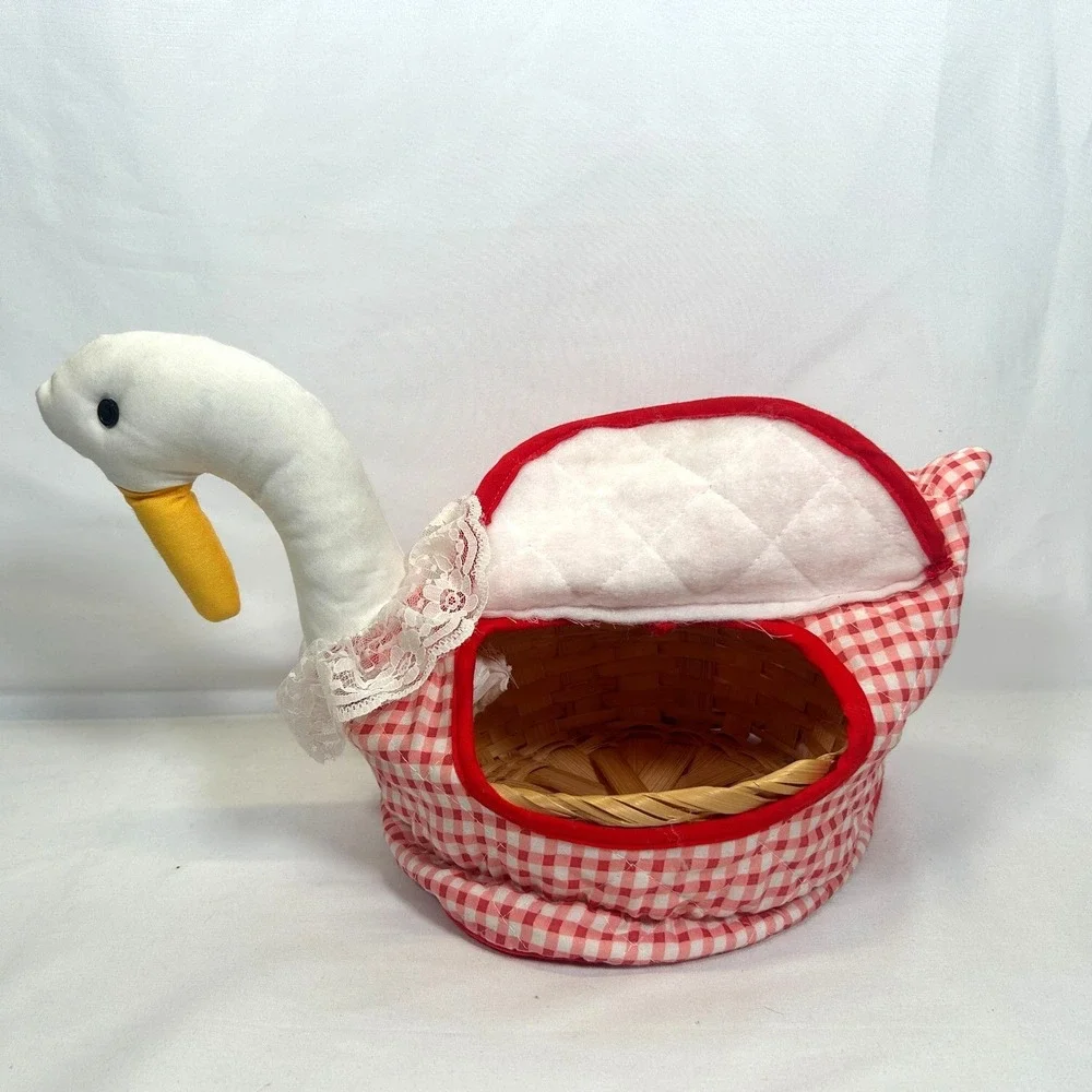 Vintage Goose Bread Basket Bun Warmer Cottage Gingham Plaid Red Country Kitchen